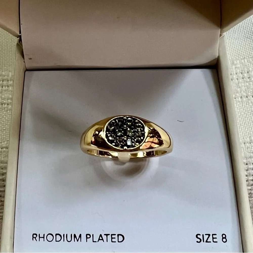 Signet Ring Crystal Pave Gold Tone Rhodium Plated Black Enamel Sz 8 NWT 💥SALE💥